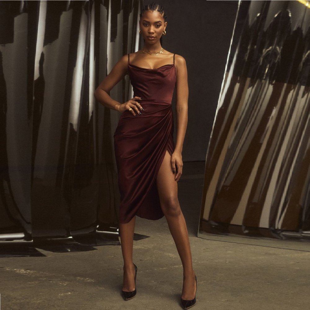 House of CB Reva Raisin Satin Balcony Corset Dress - Picture 15 of 16